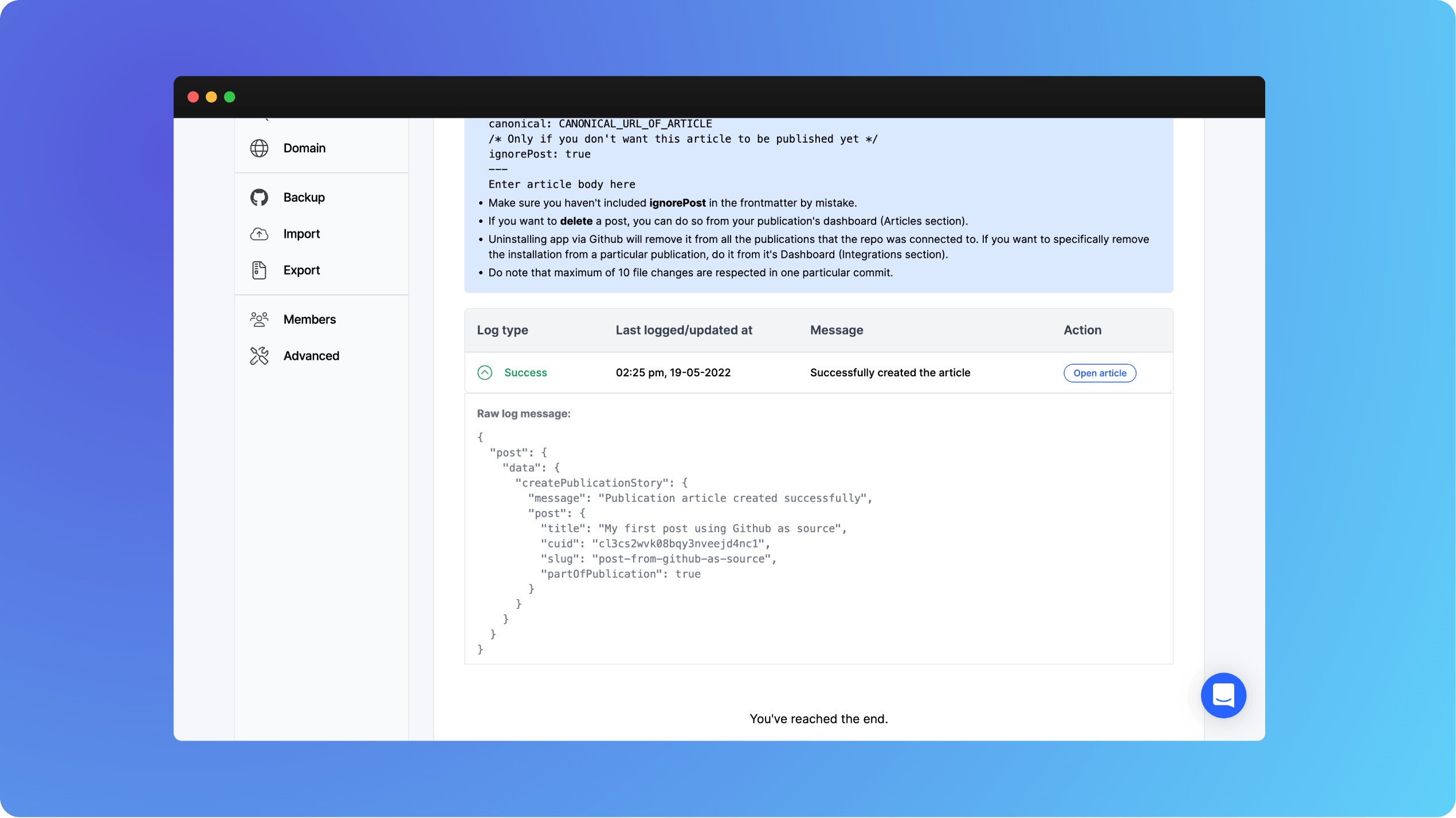 GitHub as source logs in Hashnode dashboard