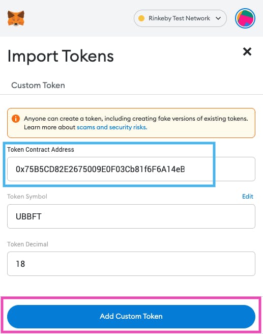 importing our deployed custom token on Metmask wallet