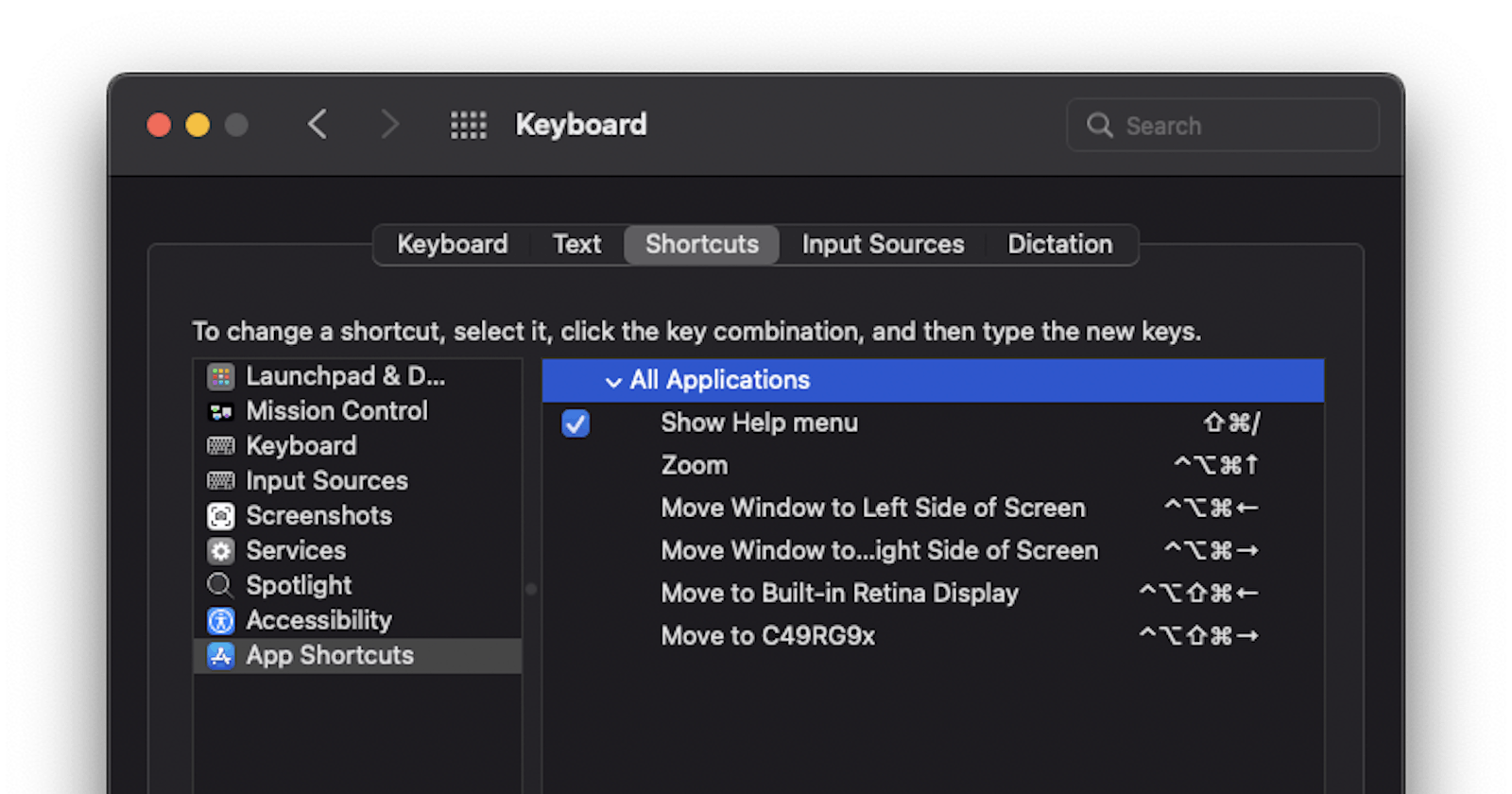 Mac keyboard shortcuts for arranging app windows