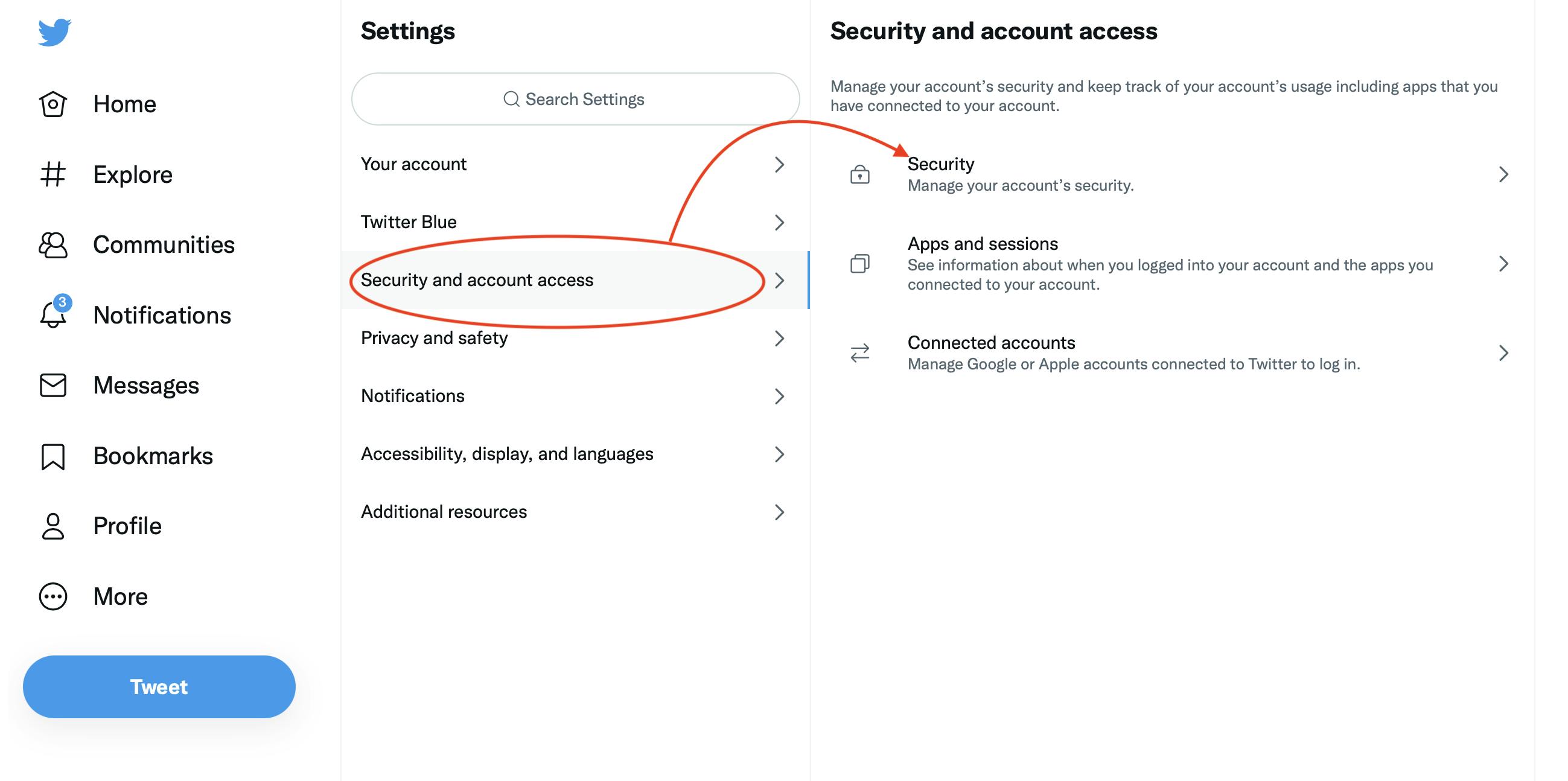 Twitter settings, click on Security and account access, then Security