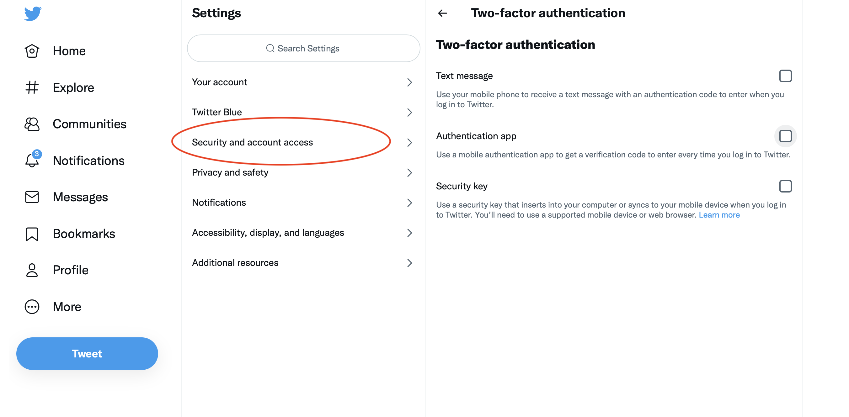 Twitter settings, in 2Factors Authentication, showing the options to secure with text message, Authenticator app or security key