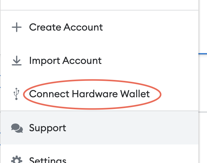 Metamask Settings showing the option to connect a hardware wallet