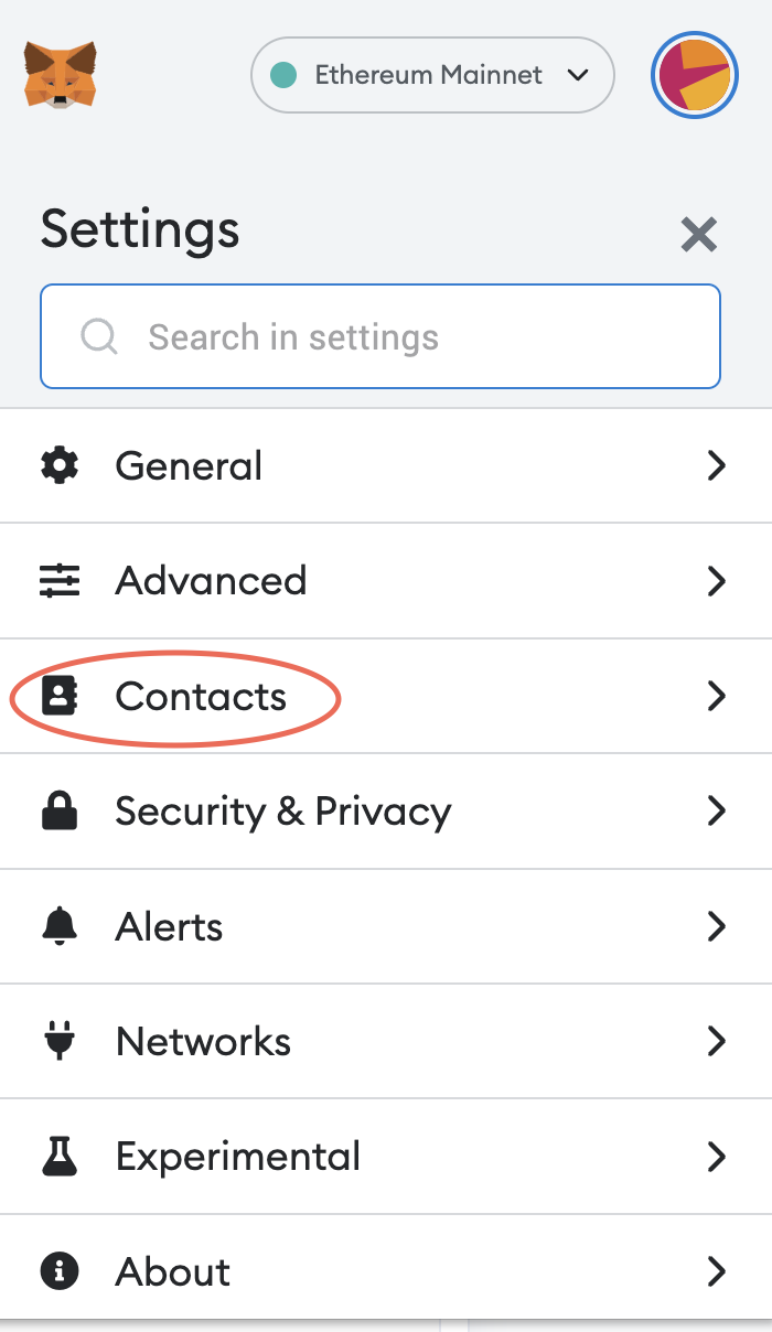 Metamask Settings with Contacts highlighted