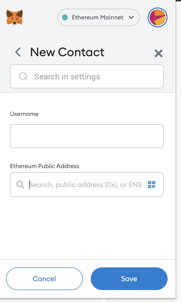 New contact form on Metamask with the name and address input