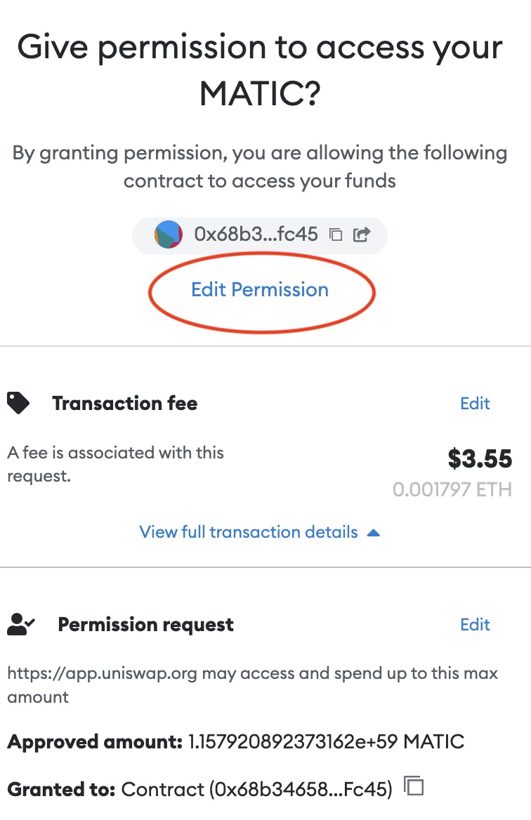 Edit permission on pop up Metamask: Give permission to access your
MATIC? By granting permission, you are allowing the following
contract to access your funds. Edit permission highlighted and fees above.
