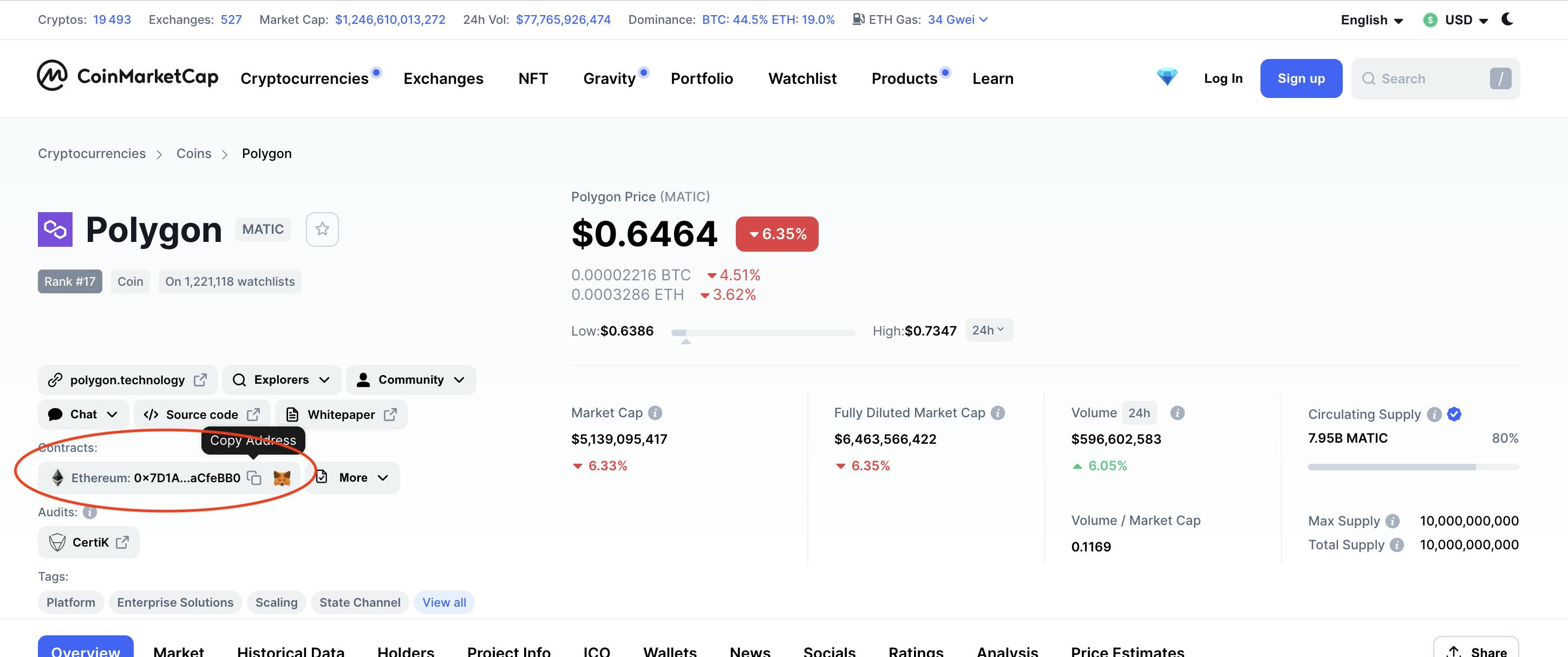 Coinmarketcap screenshot for MATIC with the contract's address highlighted