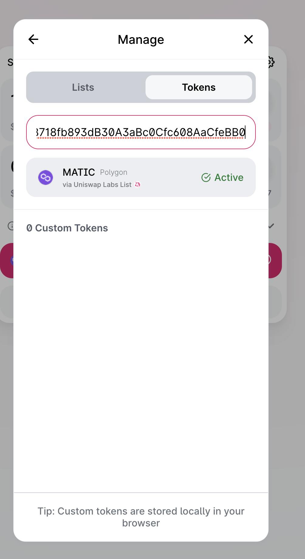 Matic showing as an approved token on Uniswap after inputting the address manually