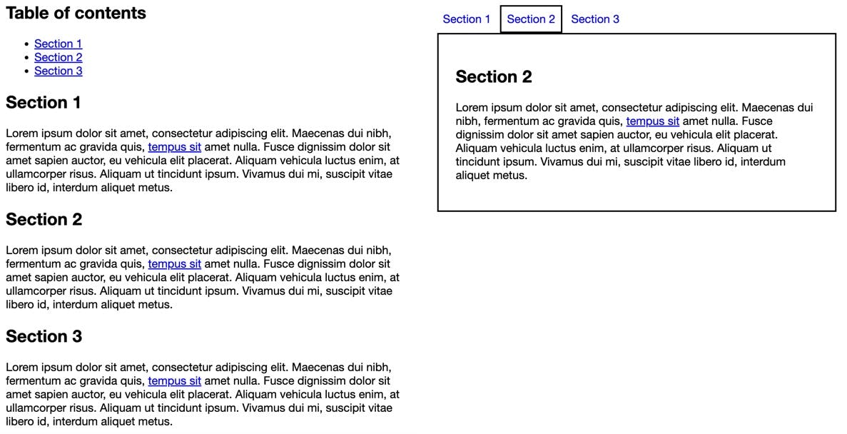 Table of contents vs. tab layout similarity