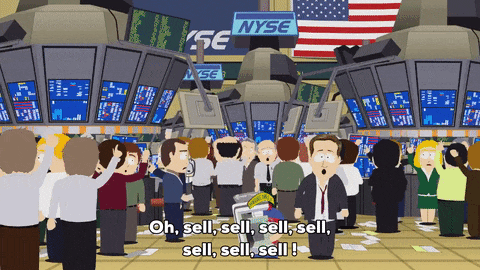 Wall Street place with brokers screaming "sell" and running everywhere