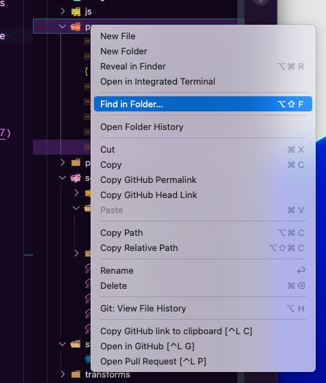 Context menu open on a folder with the option Find in Folder... highlighted