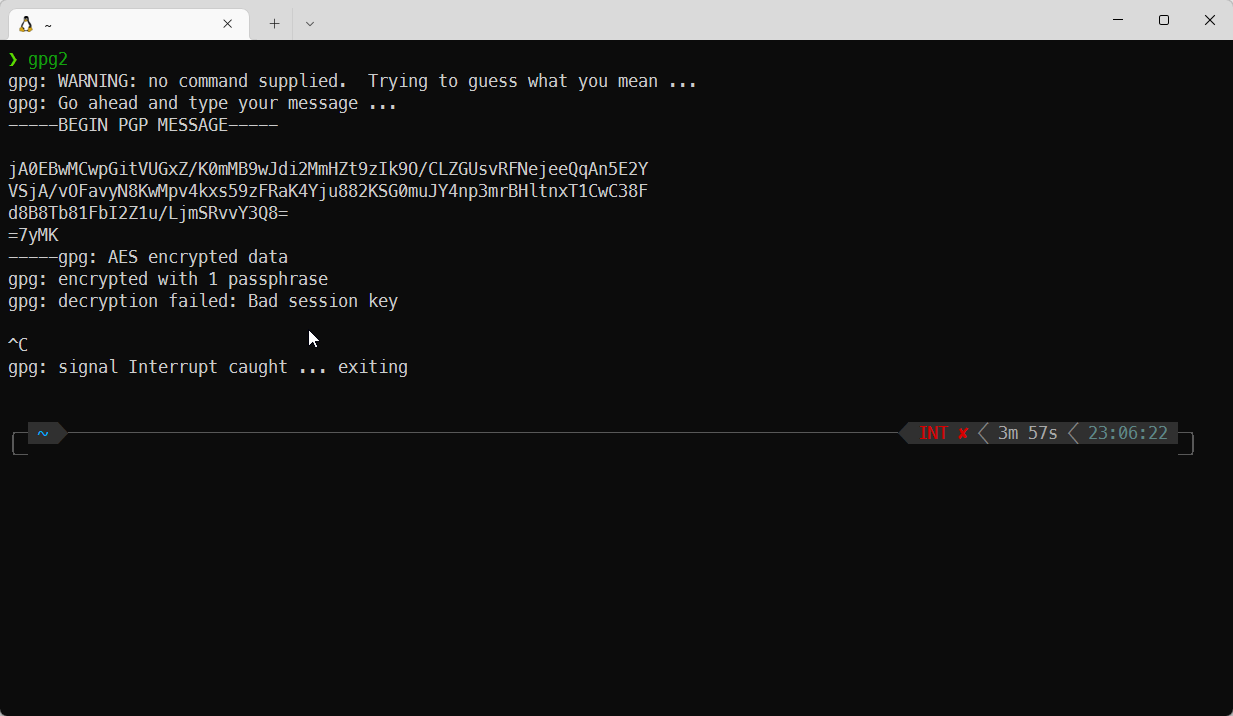 To decrypt your message, simply type it after calling `gpg` command