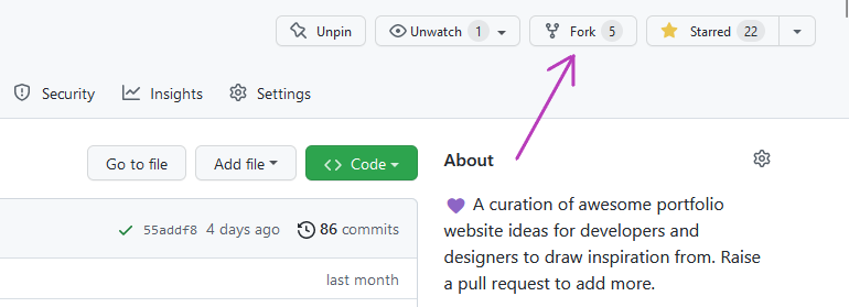 Screenshot showing an arrow pointing to the fork button on GitHub
