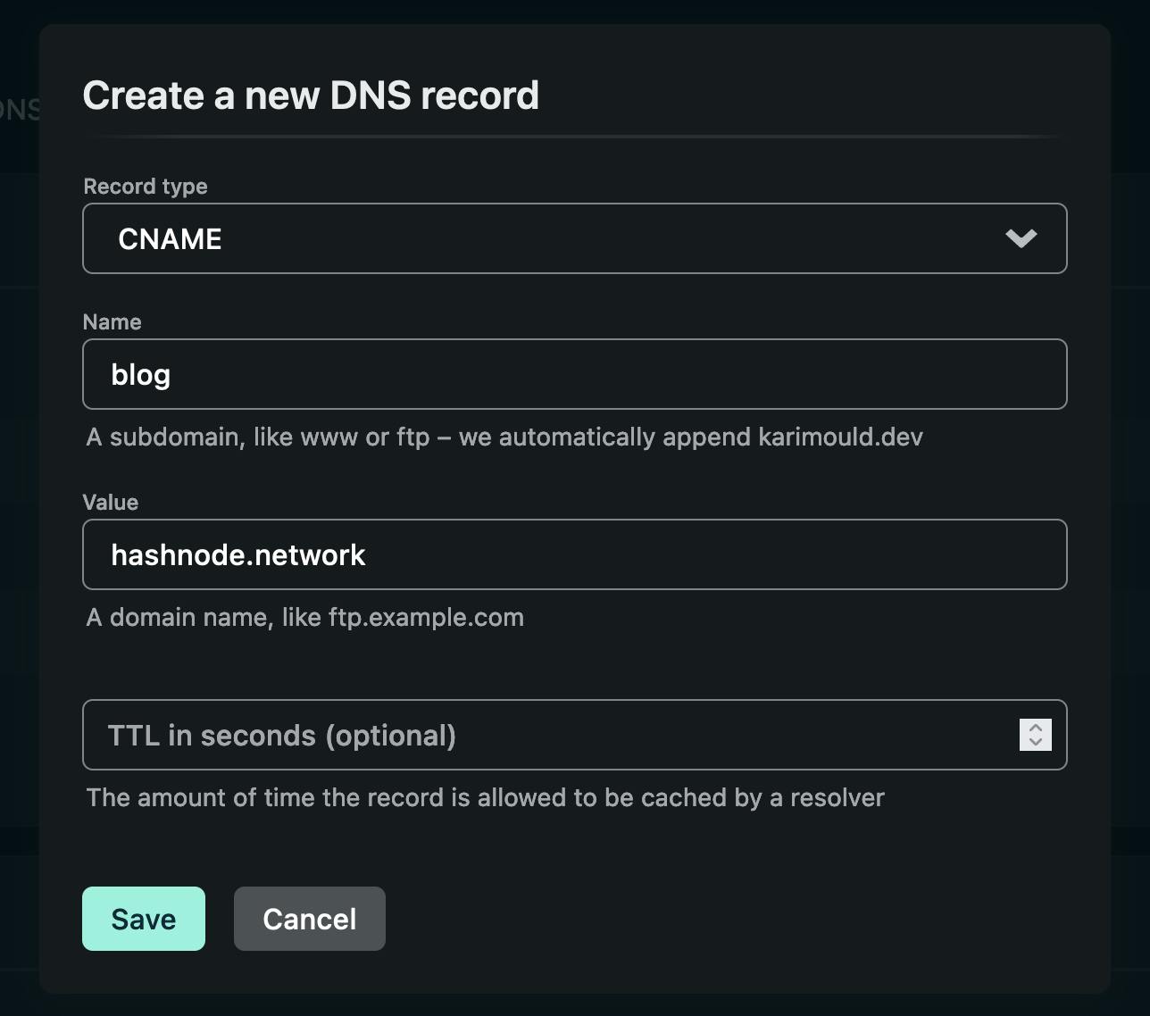 Modal to add a new CNAME record to a netlify domain
