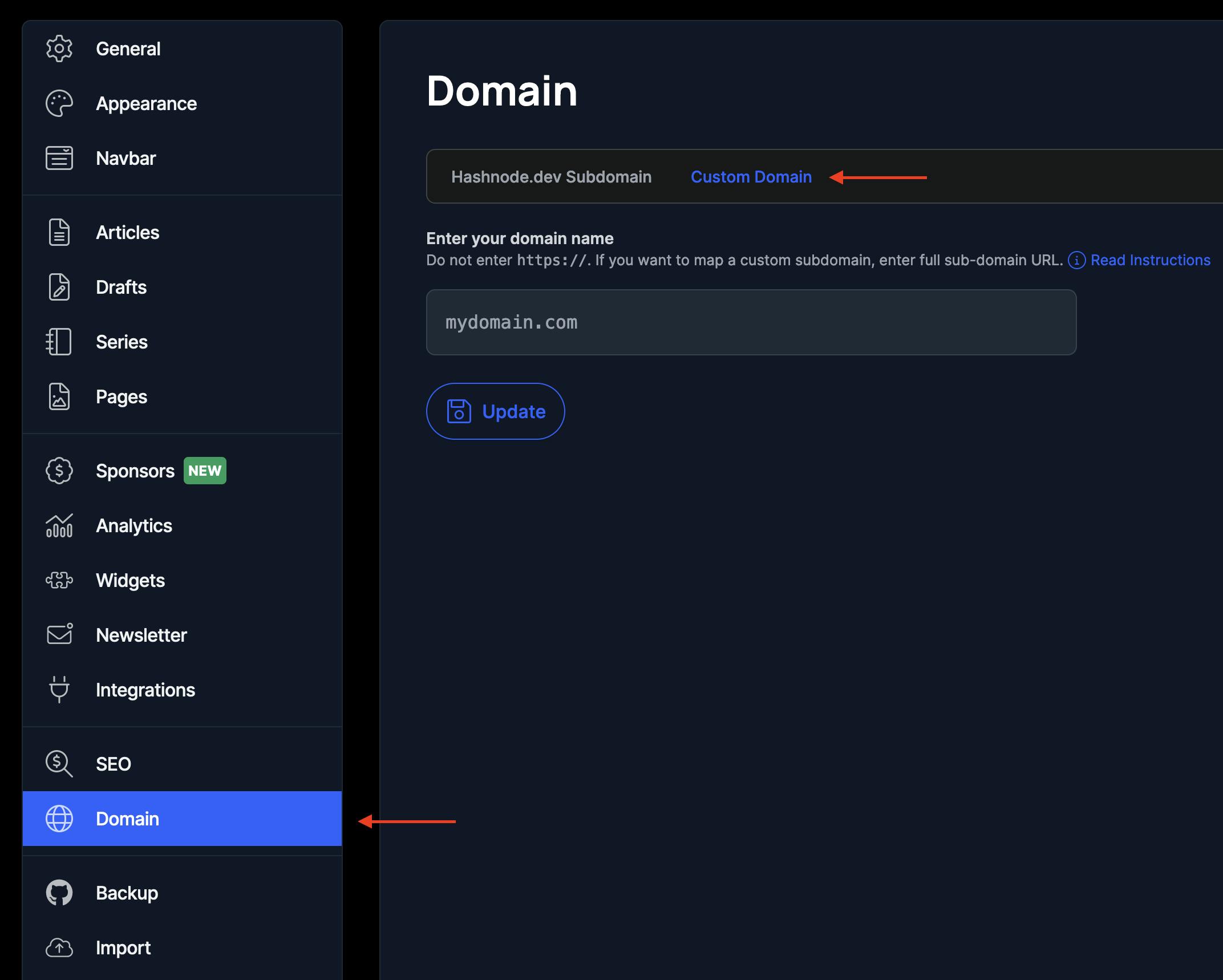 Hashnode blog dashboard with arrows to arrows to show the click path to the custom domain settings