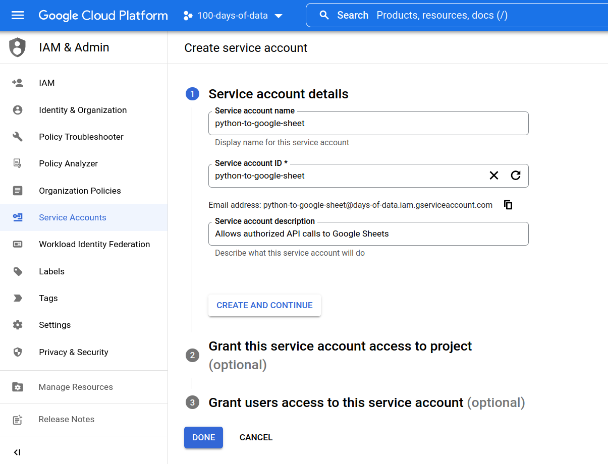Service Account page in Google Cloud