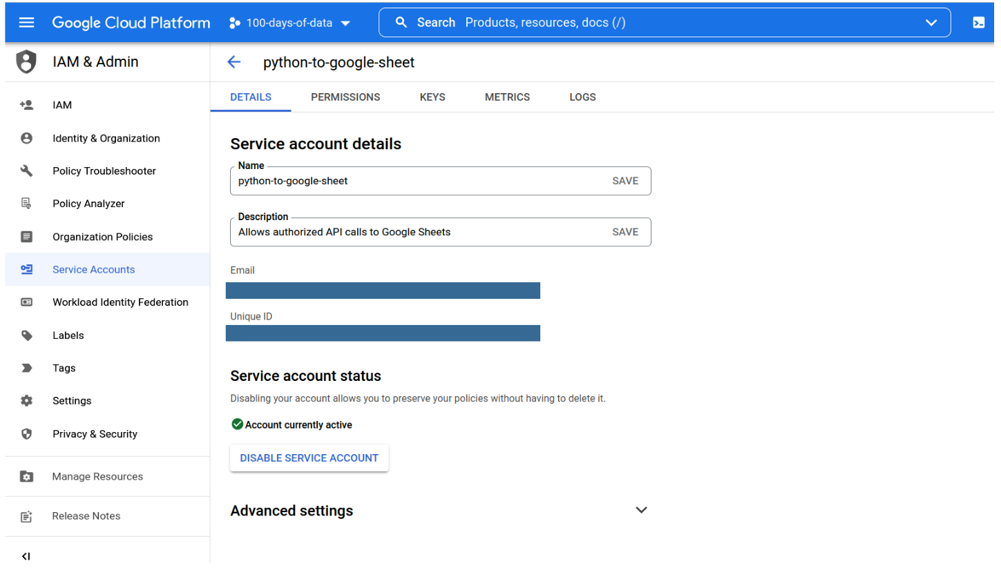 Service account email for Google Drive API