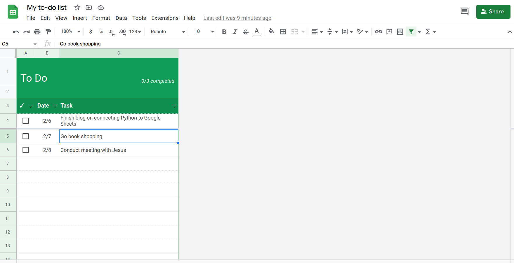 My to do list in Google Sheets