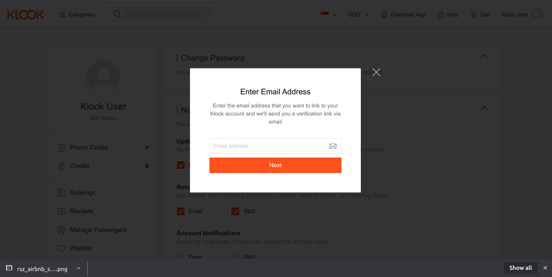 klook add email address to link to account