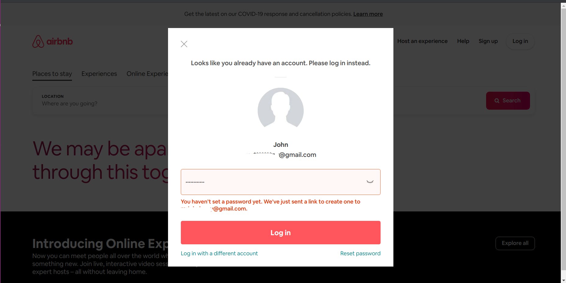 airbnb social sign up set password