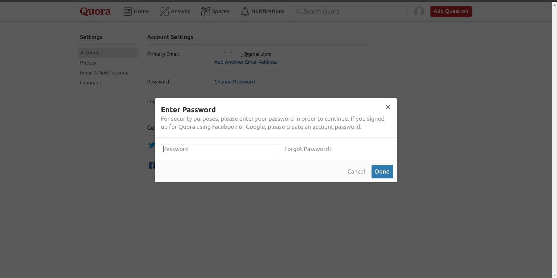 quora social sign up set password