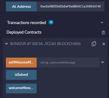 Part of Remix IDE GUI with an "at address" button next to which the contract address from the previous step was pasted and a deployed contracts tab, where we can see a Bonjour contract and all functions it exposes with their parameters as input boxes