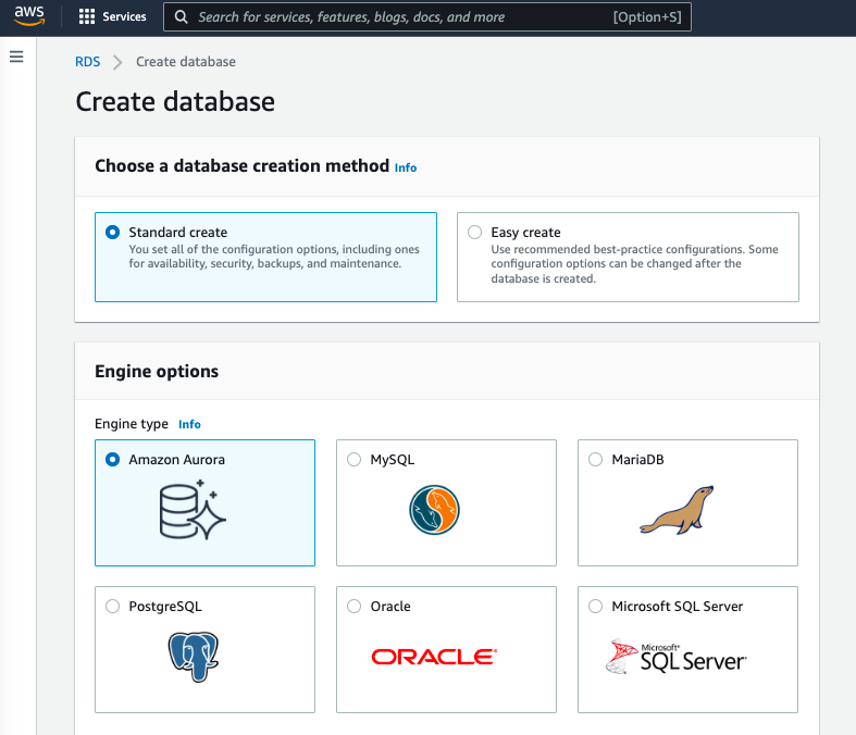 Amazon RDS console : create database page