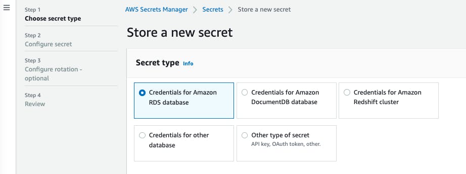 AWS Secrets Manager console : store a new secret