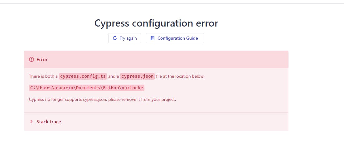 Cypress configuration file error