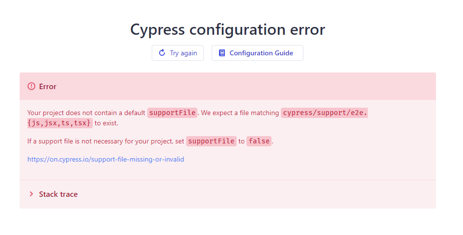 Cypress error no supportFile