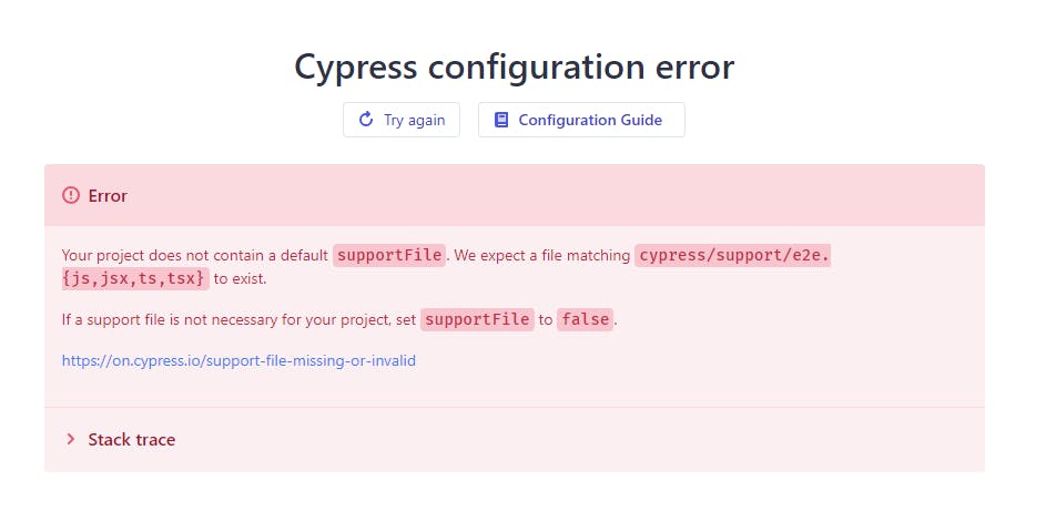 Cypress error no supportFile
