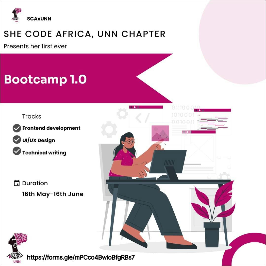 Flier for She Code Africa, UNN chapter Bootcamp 1.0