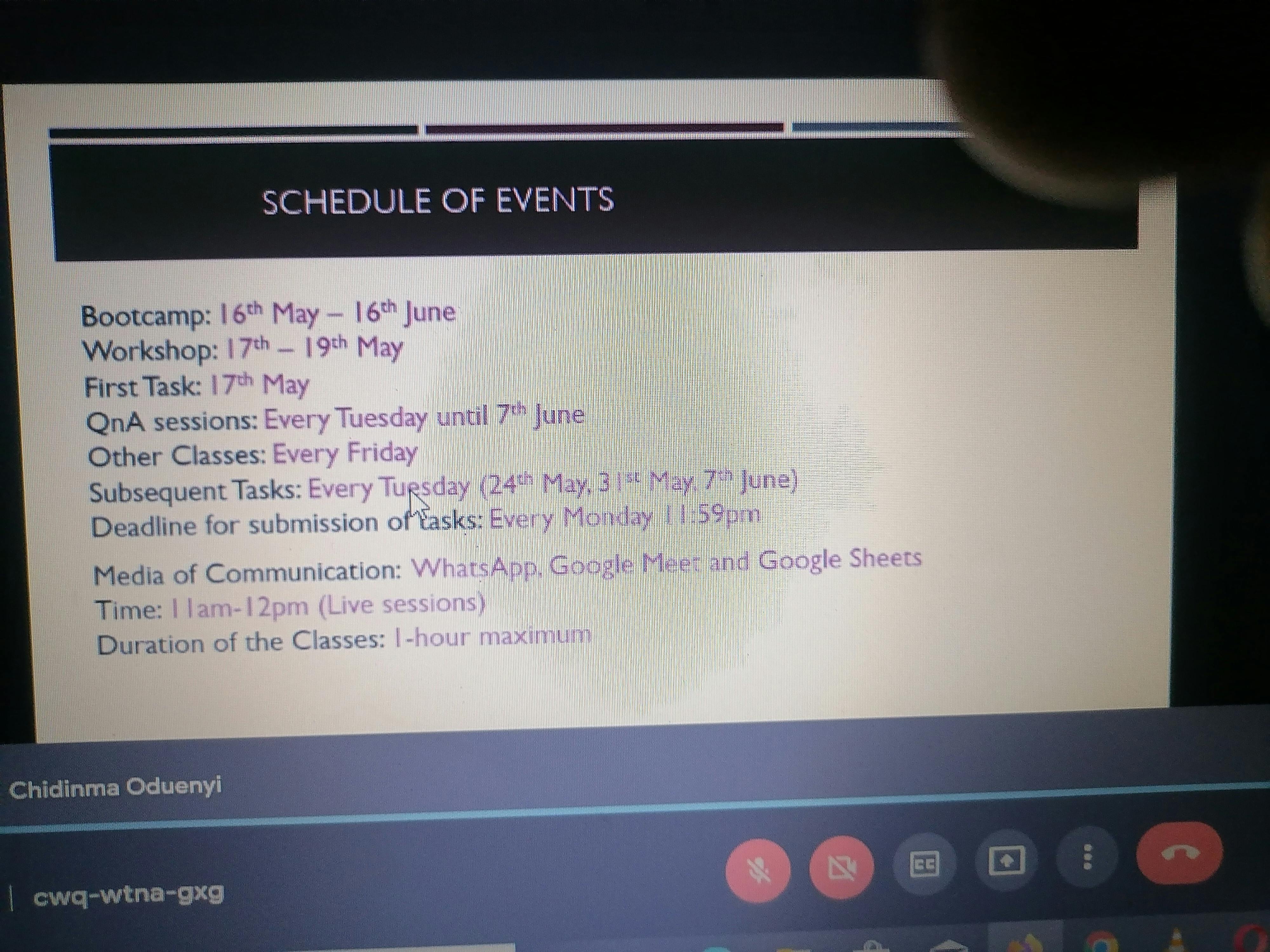 image showing the schedule of events for SCA, UNN Bootcamp1.0