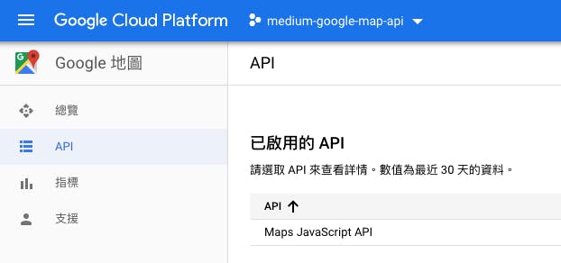 確認 Maps JavaScript API 是啟用的
