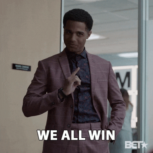 Gif of person standing with caption: "We all win"