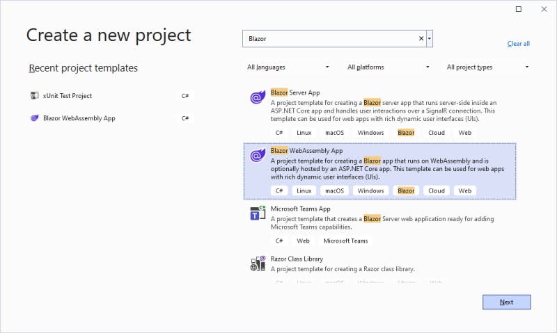 Screenshot of Visual Studio New Project Wizard Create A new project page for Blazor WebAssembly App