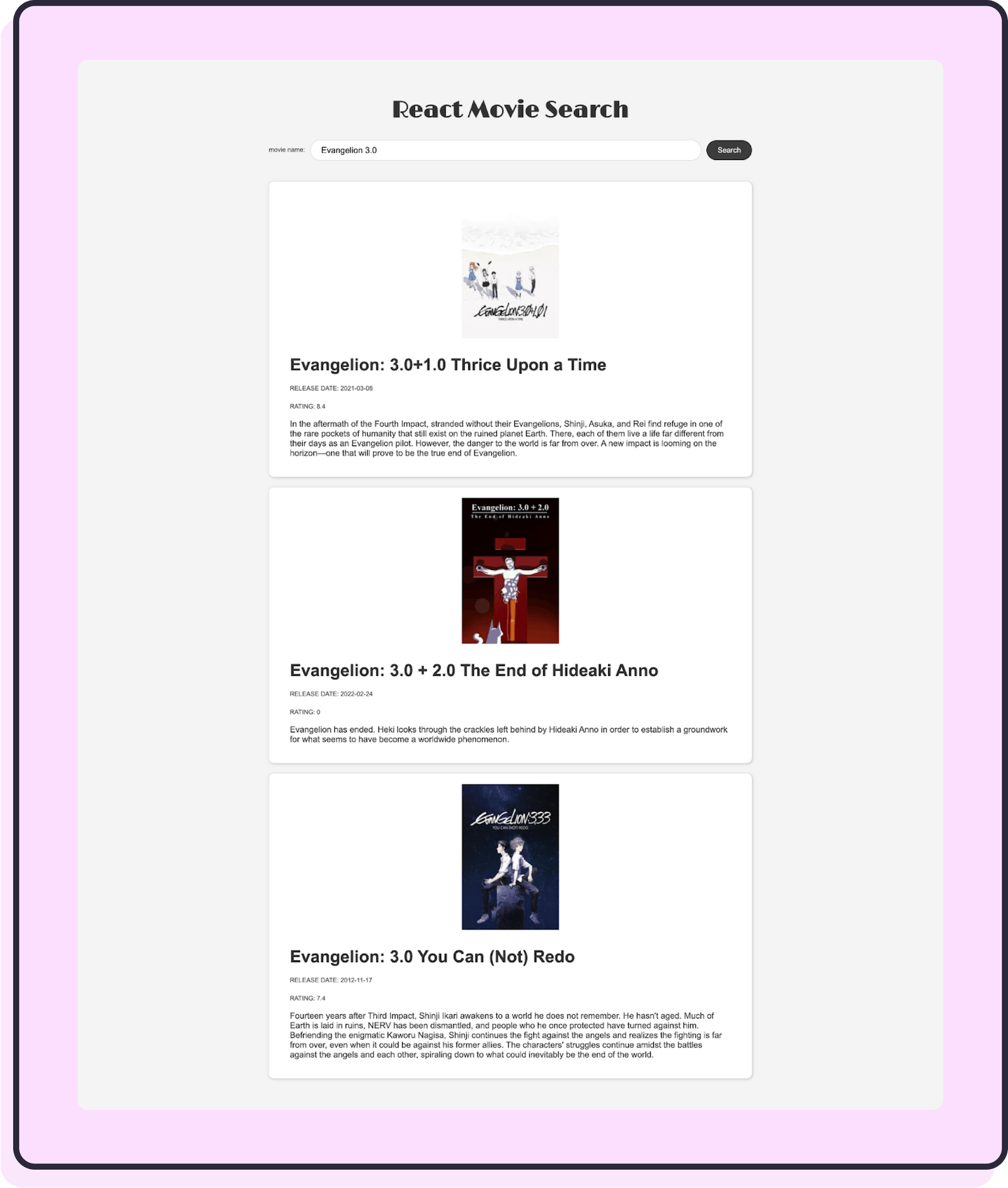 A website entitled “React Movie Search” displaying results for the search “Evangelion 3.0”. Each result has the movie poster, title, release date, rating, and description.