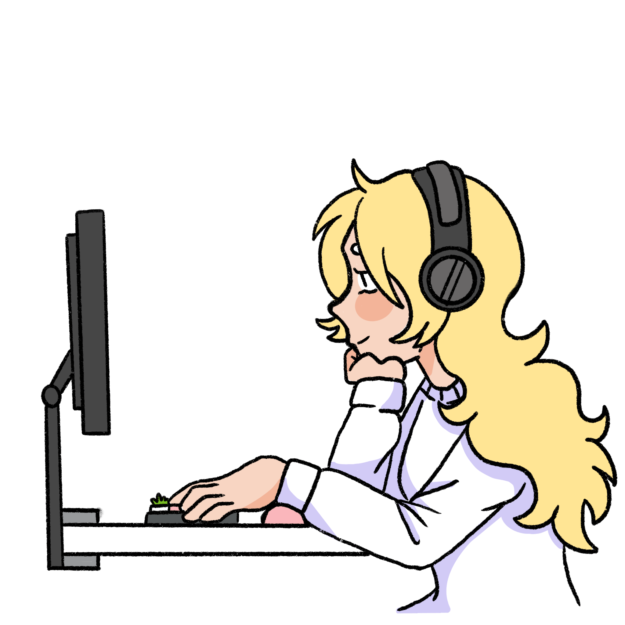 A drawing of me, a blonde woman in a white sweater with headphones on sitting at my desk in front of a keyboard and monitor coding.