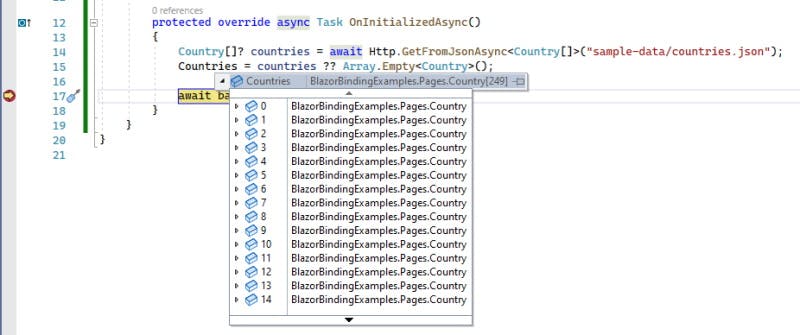 Screenshot of Visual Studio debug from within the method OnInitializedAsync