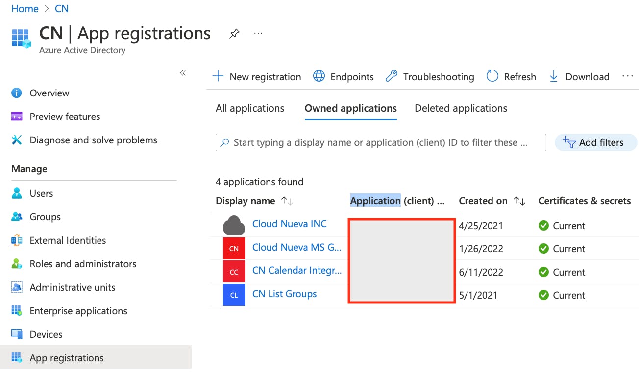 Screen Shot Showing Azure Active Directory App registrations page