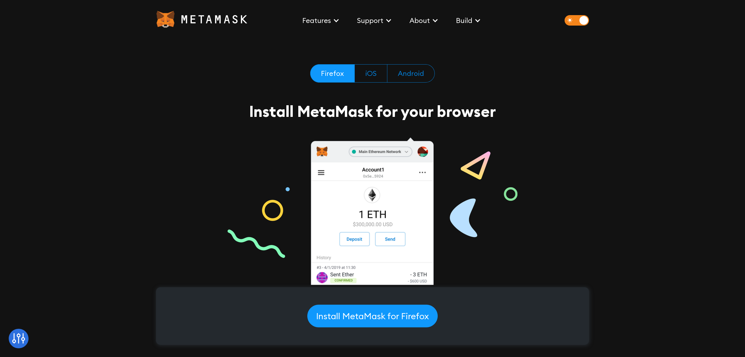 Install Metamask on your browser, click the button to continue