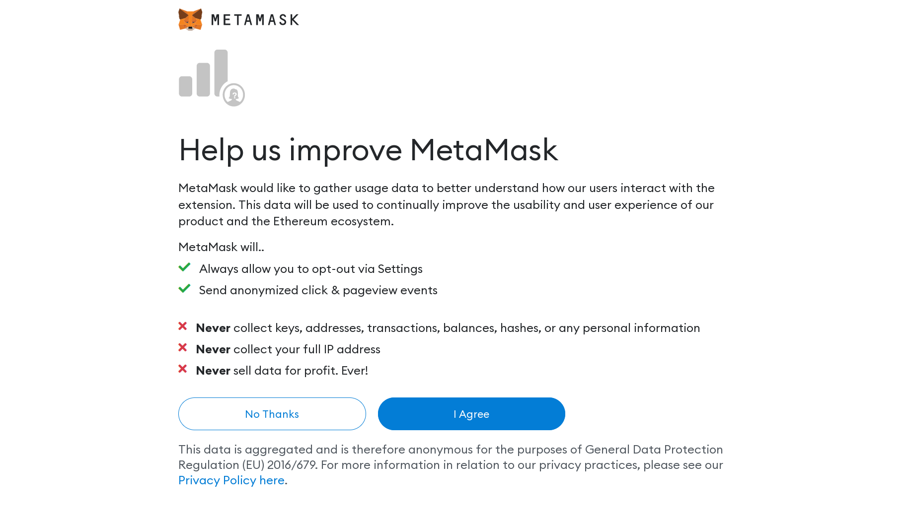 MetaMask Help Improve Message Prompt