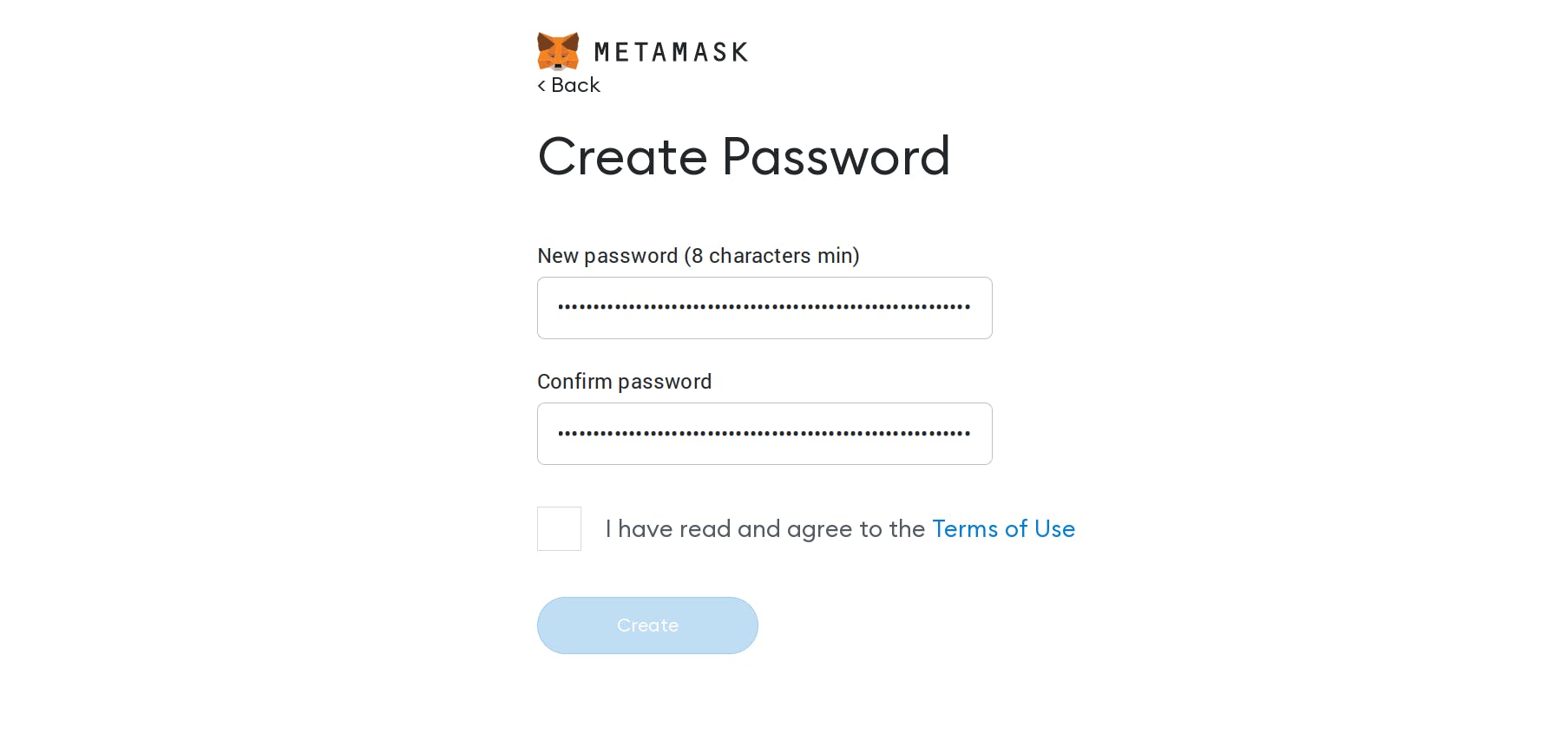 This image shows the password creation step for the MetaMask wallet