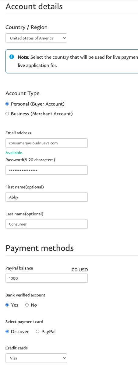 Setup PayPal Developer Account Personal Account Details