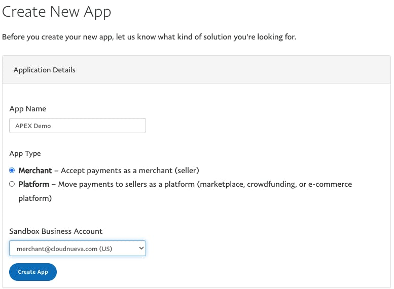 Create PayPal Application - Create New App