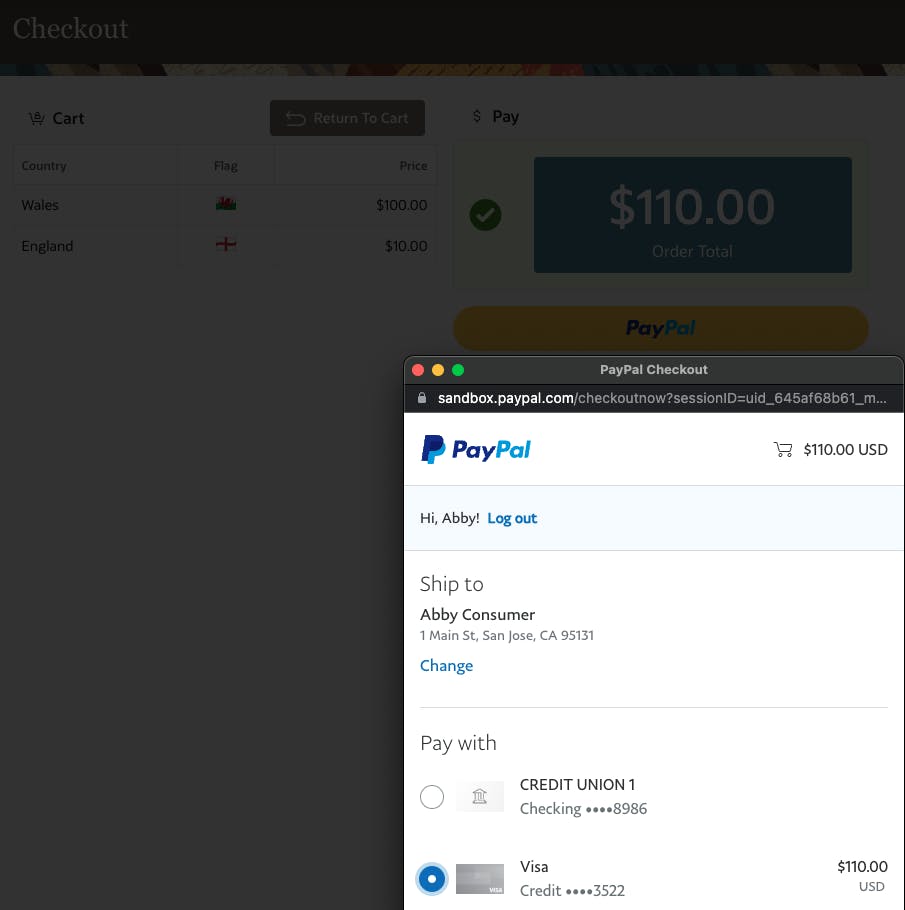 Oracle APEX Integration - View of the PayPal Payment Popup