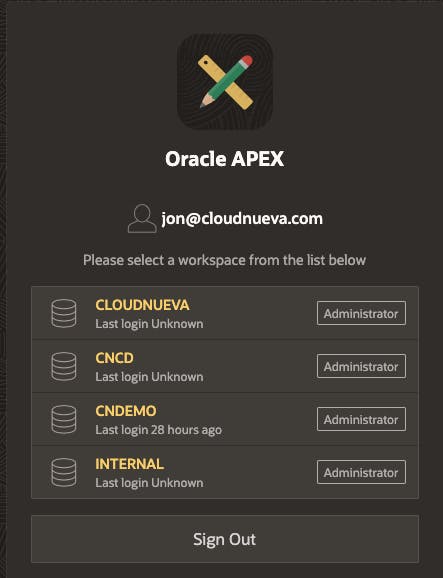 Screen Shot Showing List of Available Workspaces for Oracle APEX Single Sign-on User