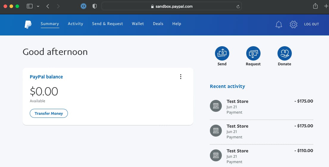 View of the PayPal Sandbox Personal Account Home Page