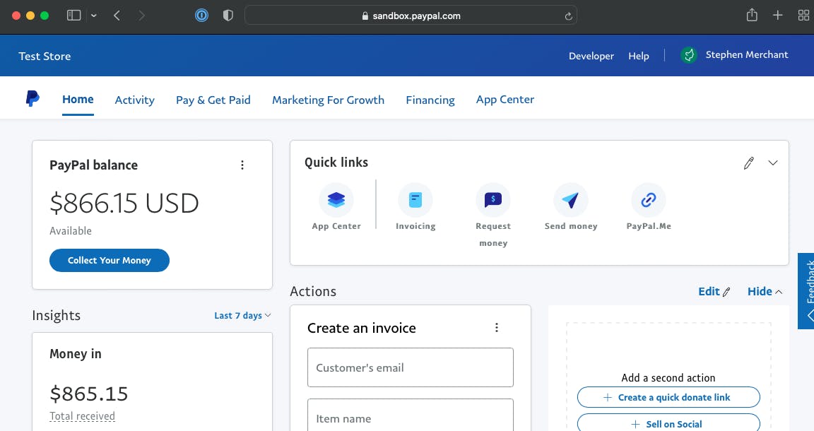 View of the PayPal Sandbox Business Account Home Page