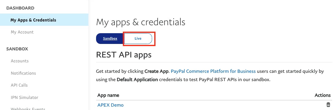 View of Creating a Live PayPal App