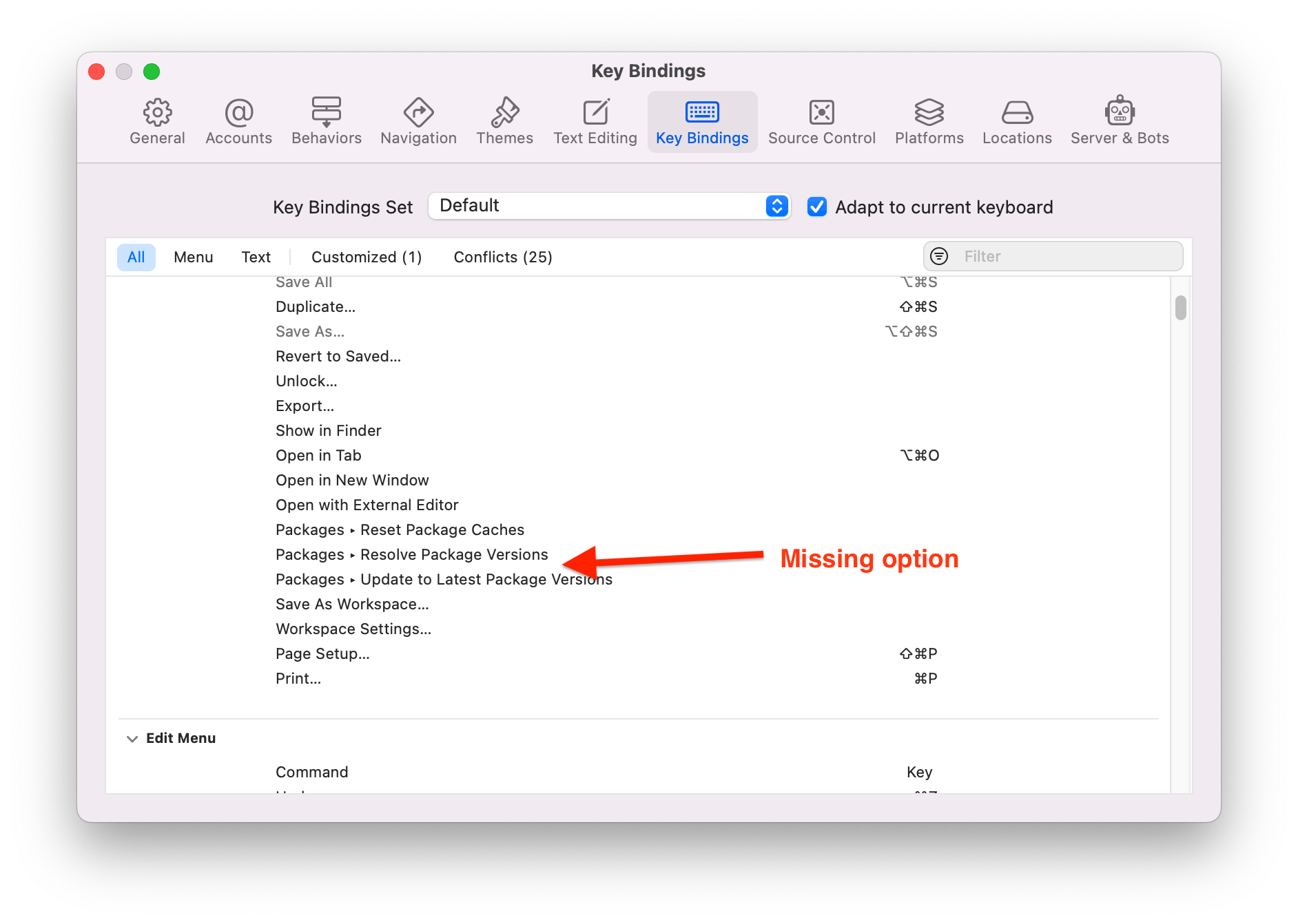 Missing Option in Key Bindings Xcode Preferences